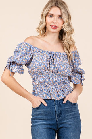 Royal Floral Puff Sleeve Top