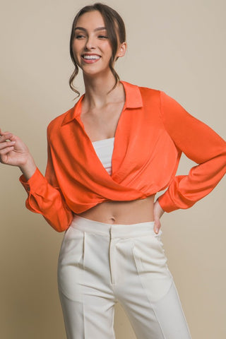 Satin Cropped Crossover Blouse